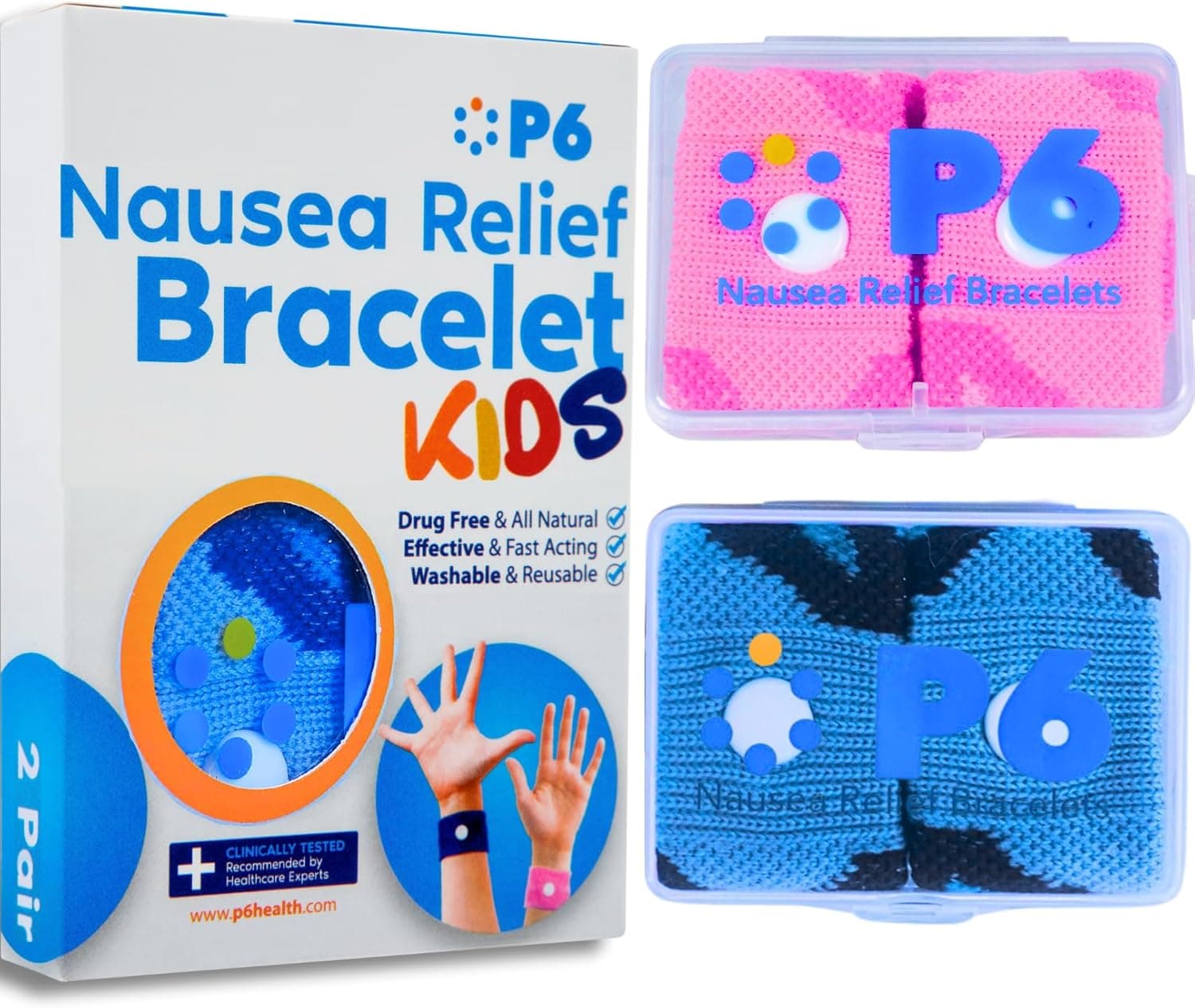 P6 Kids nausea relief bracelet product photo: pink and blue bands in cases