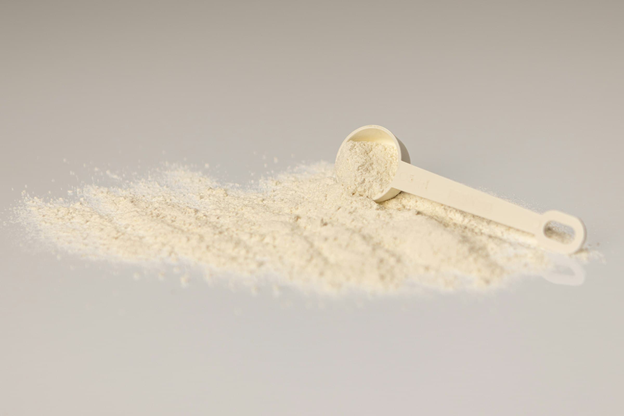 White scoop resting on a pile of dry, off-white powder on a cream studio background