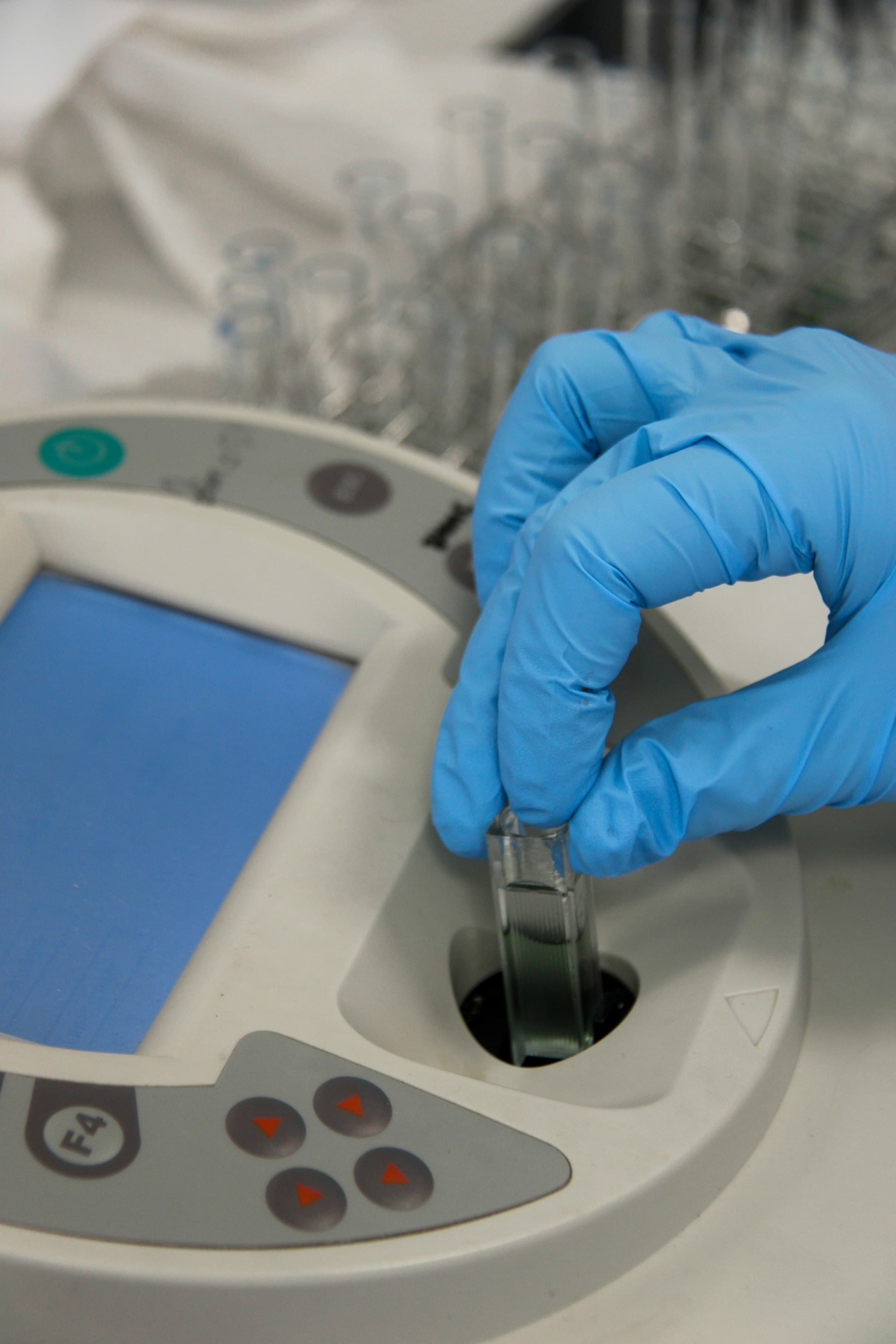 Gloved hand lowering a cuvette into a laboratory spectrophotometer