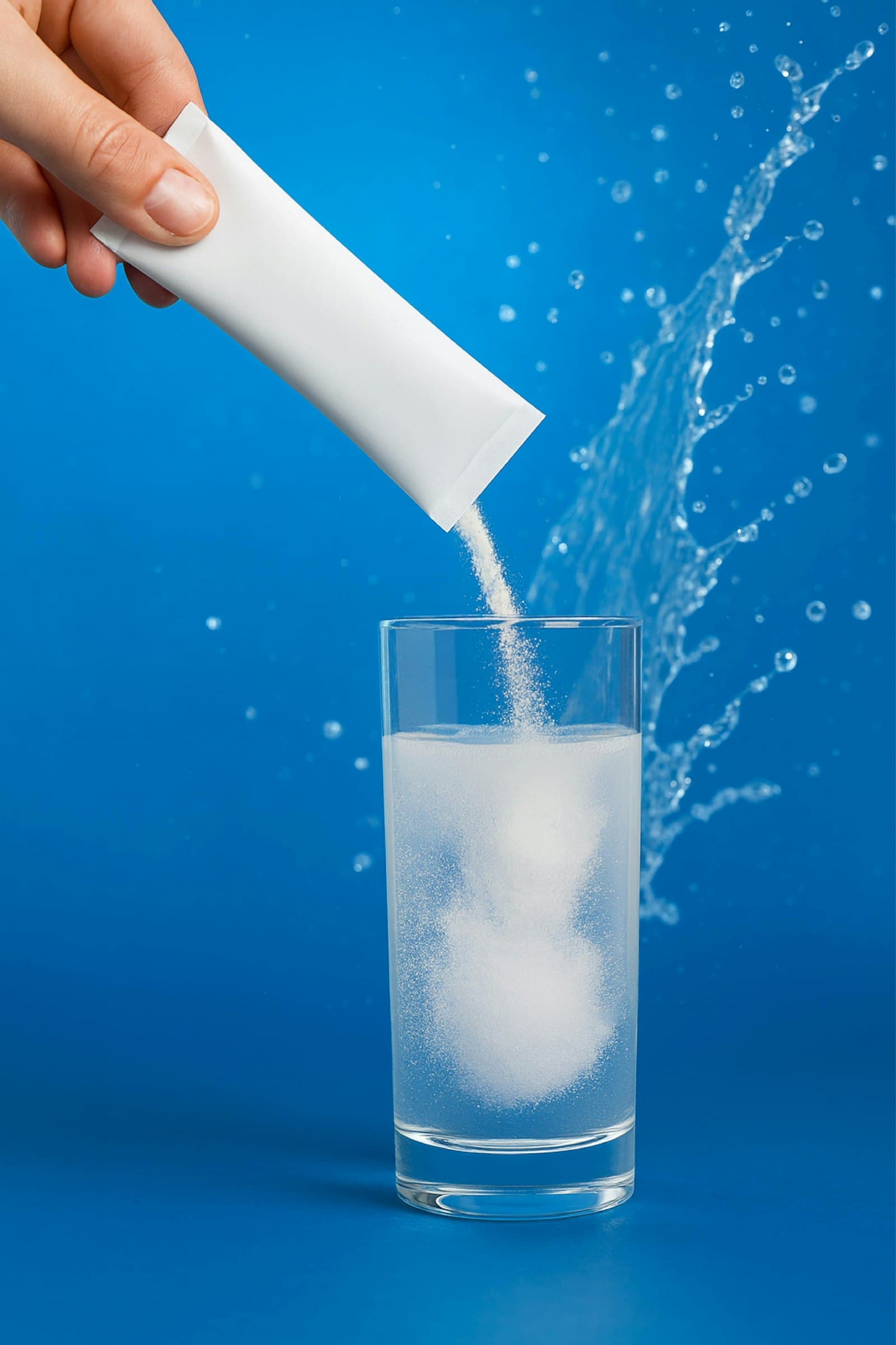 Hand pouring an unlabeled white stick pack into a tall glass of water
