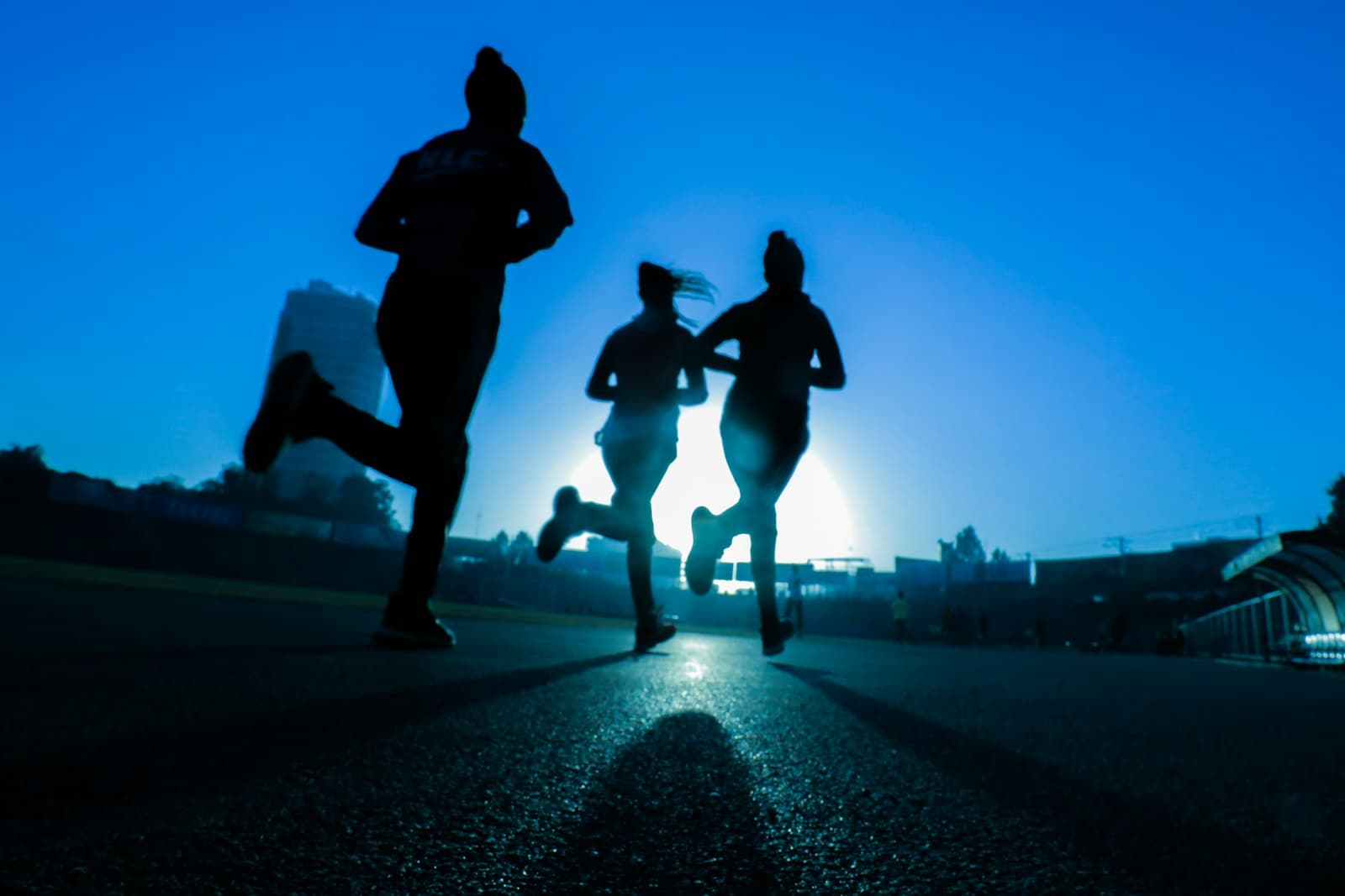 Three runners silhouetted against a low sun, the kind of work that raises fluid and sodium needs