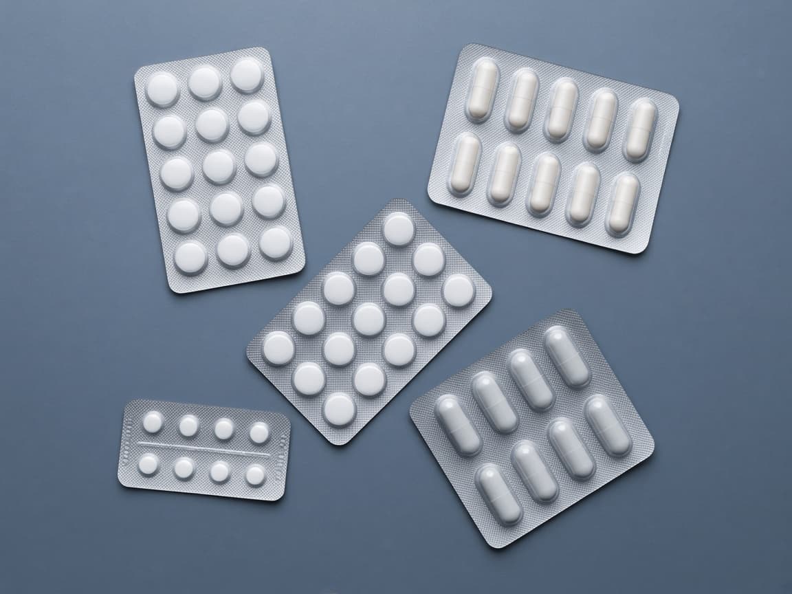 Blister packs of tablets and capsules on a blue surface, the unlabeled magnesium aisle