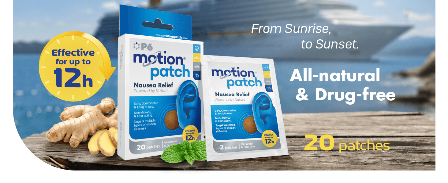 Motion Patch nausea relief box and sachet on a dock, with ginger and a cruise ship behind