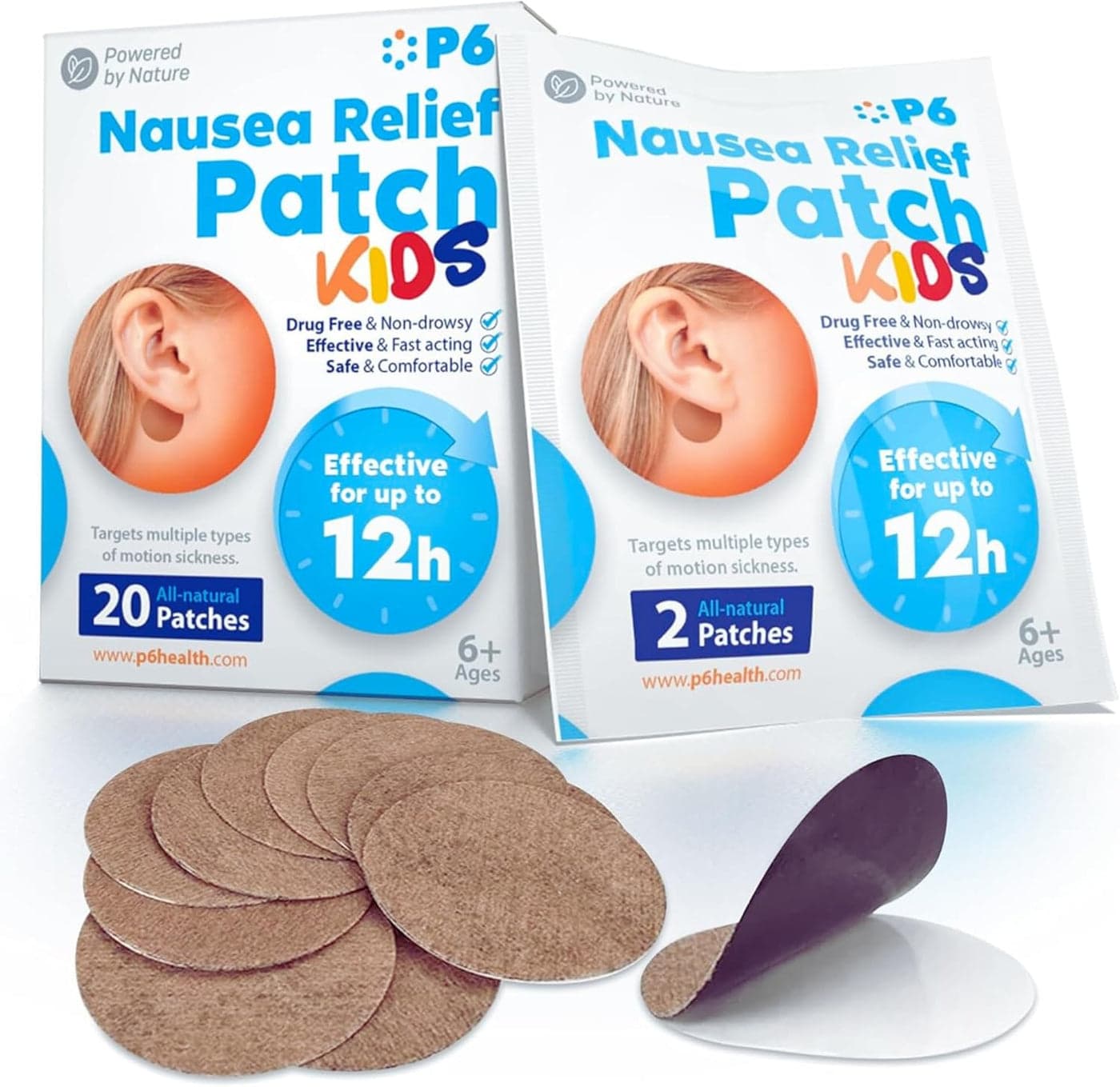 P6 Kids nausea relief patches box, sachet, and loose patches from the product page