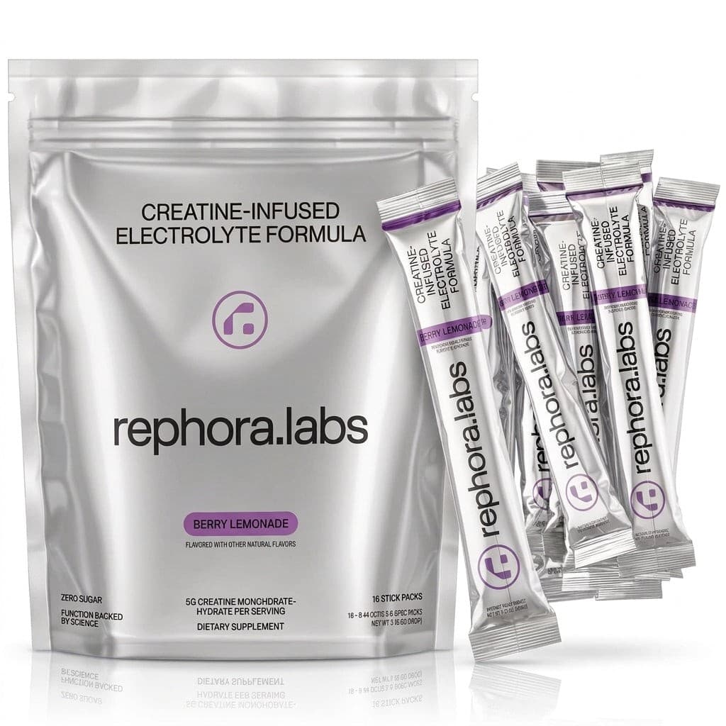Rephora Labs Berry Lemonade pouch beside a fan of Berry Lemonade stick packs