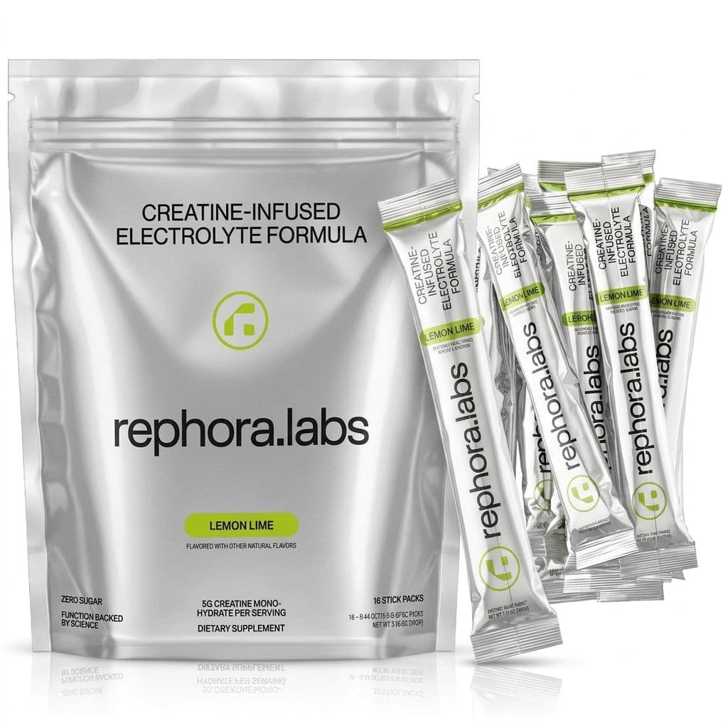 Rephora Labs Lemon Lime pouch beside a fan of Lemon Lime stick packs