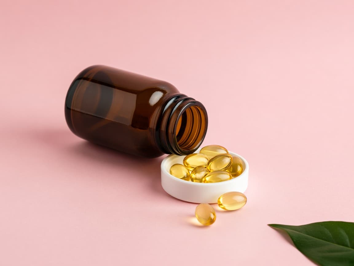 Open supplement bottle with softgel capsules on a pale surface