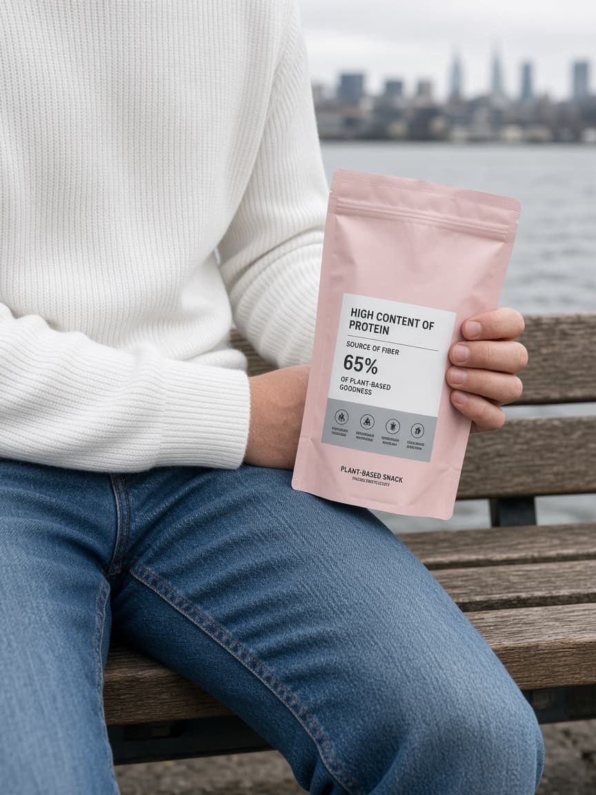 Hands holding a packaged snack with a nutrition label